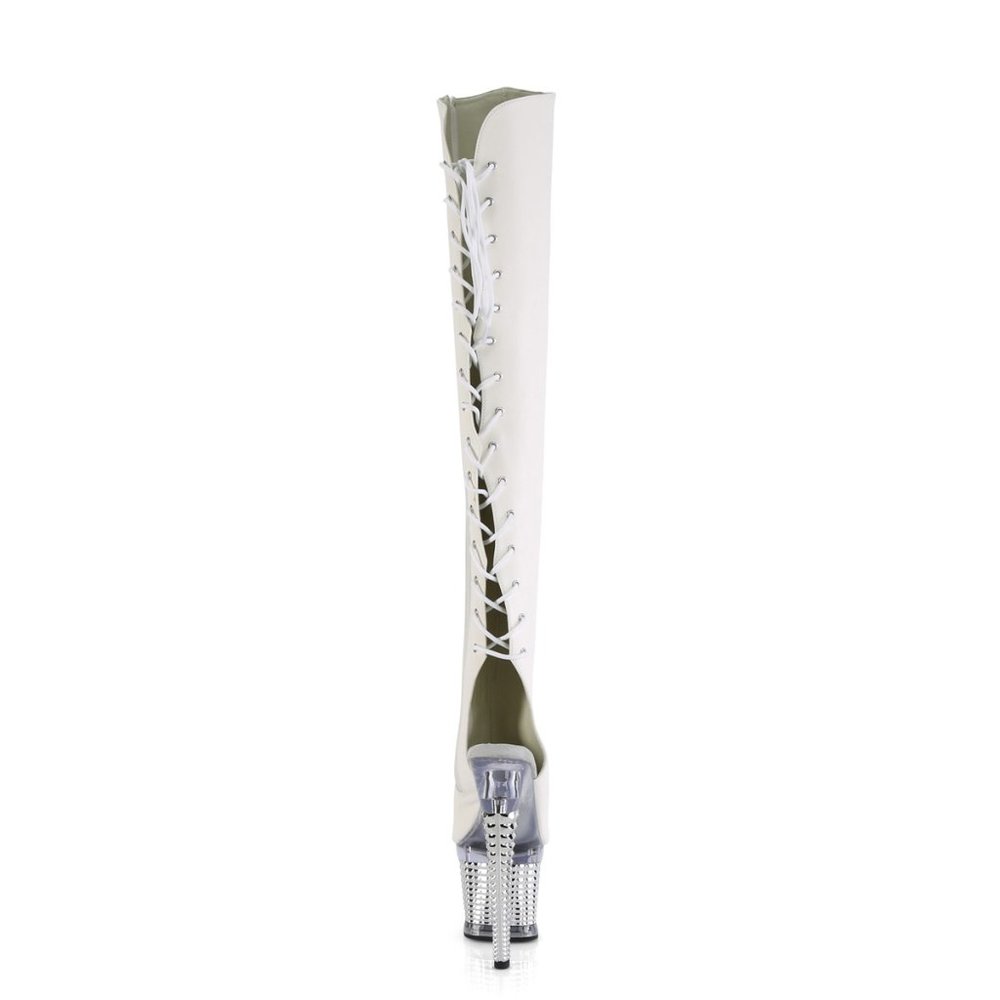Pleaser Spectator 3019 White Thigh High Boots With Chrome Platform High Heel - Picture 3 of 4